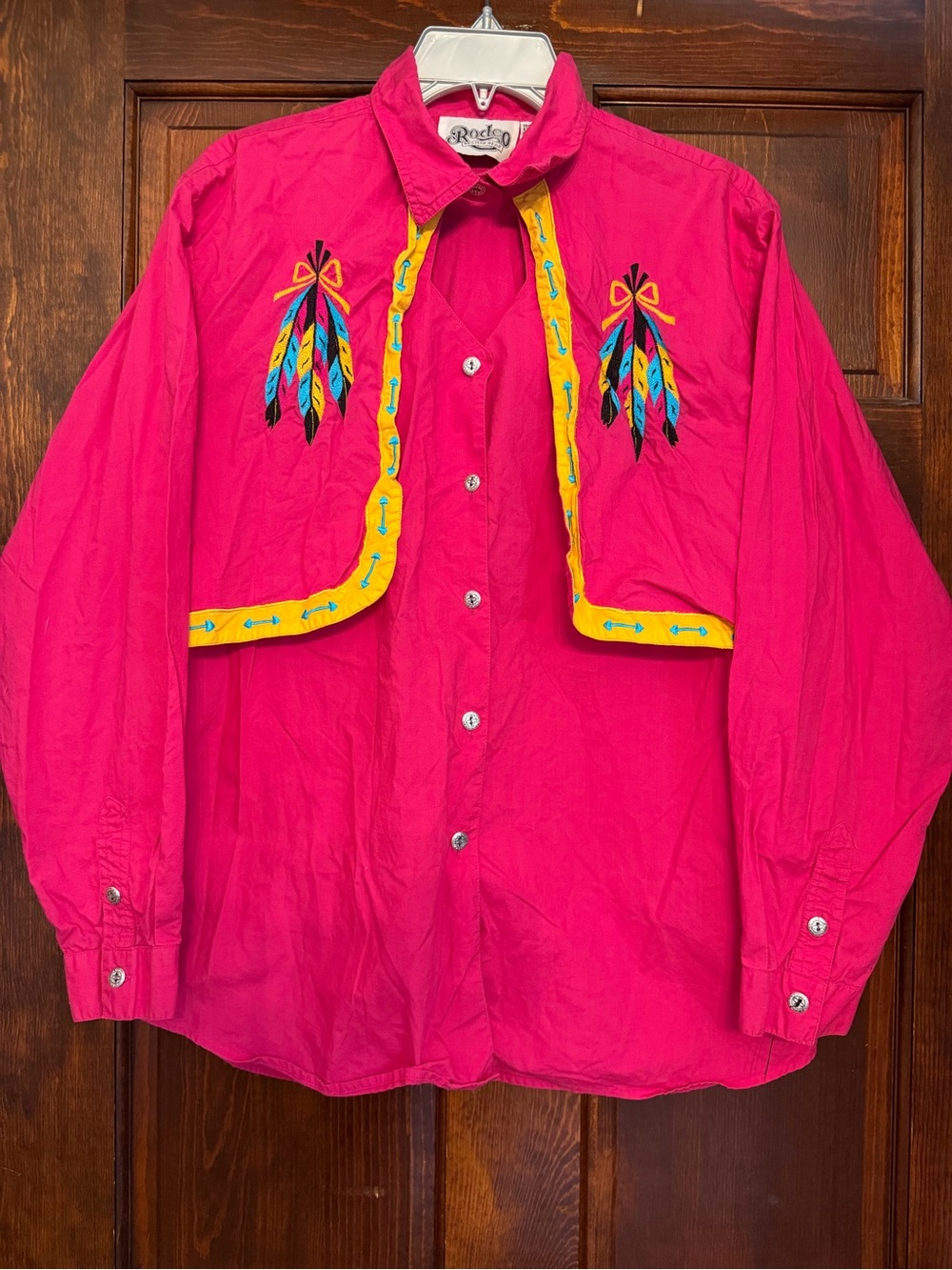Vintage Womans Rodeo Western Wear Pink Long Sleeve Embroidered Button Down Top L